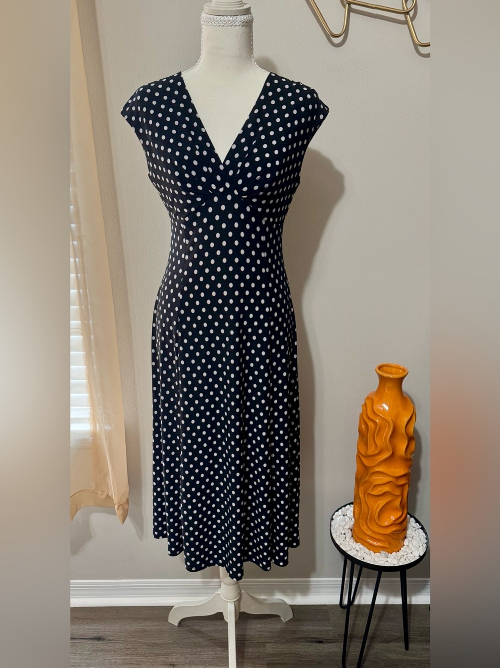 Chaps Black & White Polka Dot V‑Neck Midi Dress